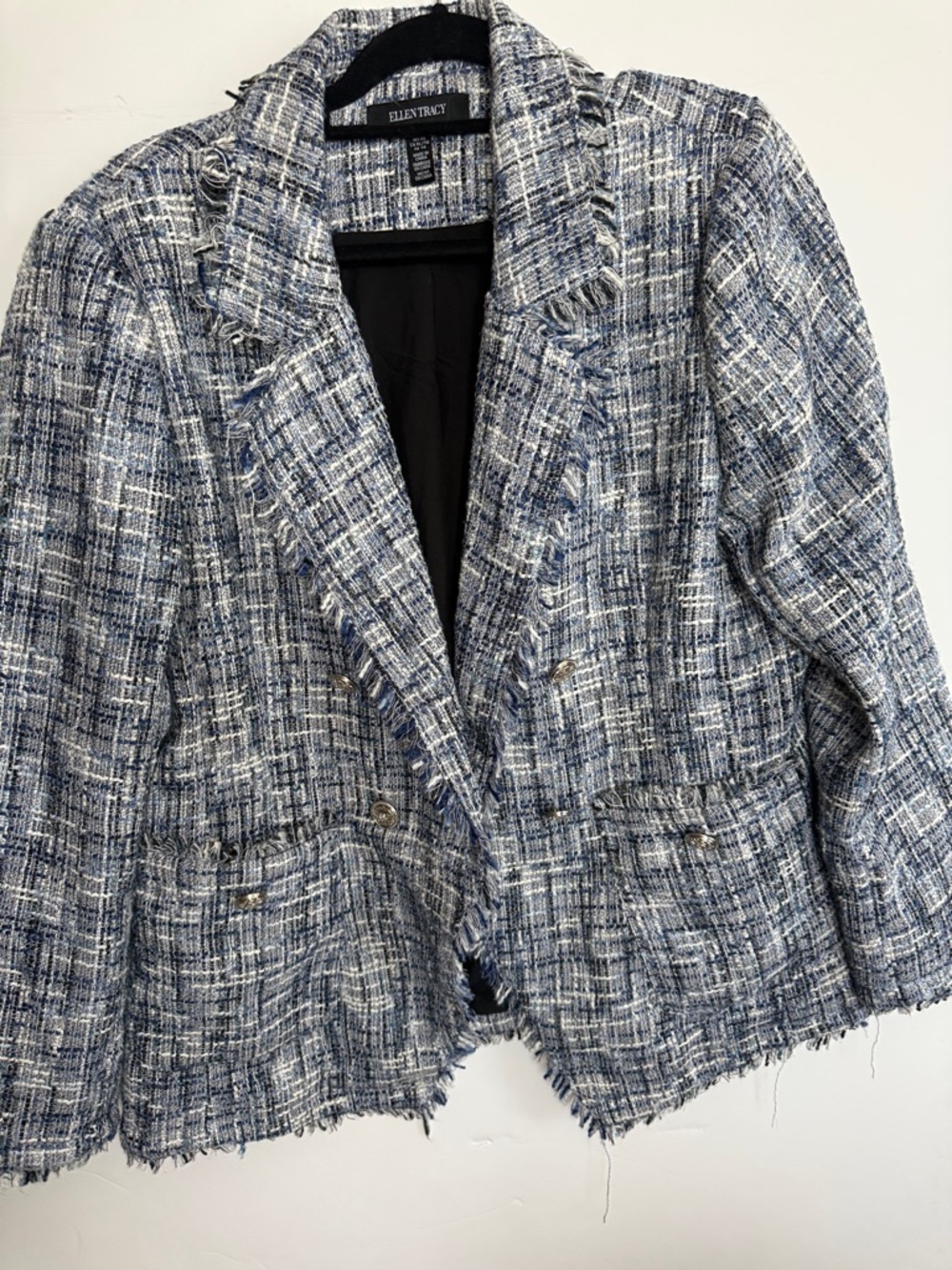 Ellen Tracy Blue and White Tweed Frayed-Hem Double-Breasted Blazer